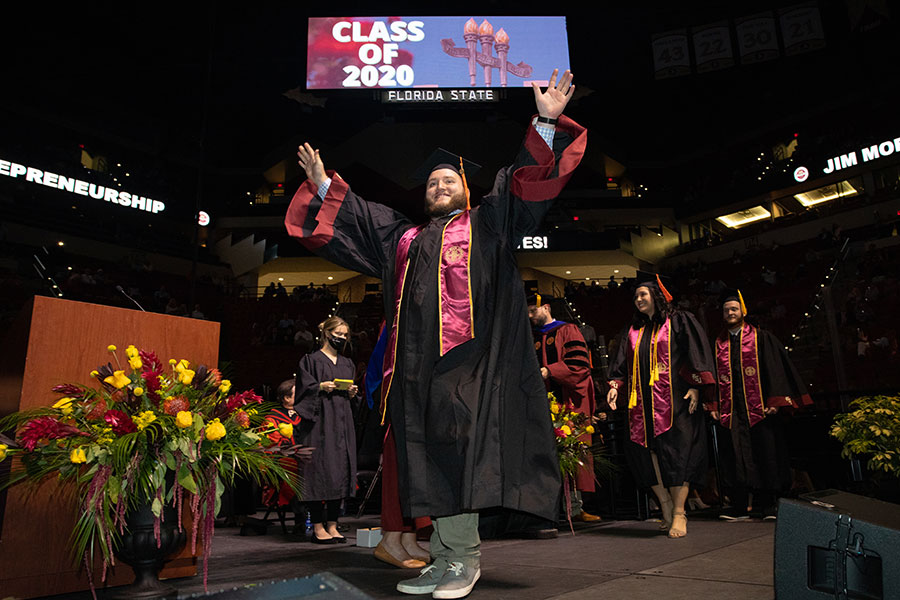 Florida State University 2020 graduates get their moment to walk across the stage during a special in-person commencement ceremony Saturday, May 22, 2021, at the Donald L. Tucker Civic Center. (FSU Photography Services)