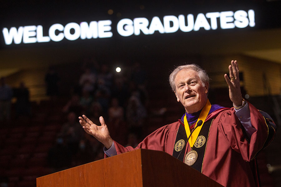 President John Thrasher welcomes graduates and guests to a special in-person commencement ceremony for 2020 graduates Saturday, May 22, 2021, at the Donald L. Tucker Civic Center. (FSU Photography Services)