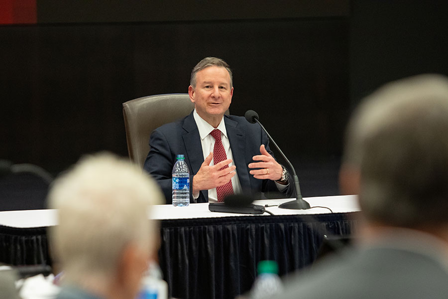 Richard McCullough speaks during the FSU Board of Trustees meeting on the morning of his selection as the university's 16th president Monday, May 24, 2021, at the Turnbull Center. (FSU Photography Services)