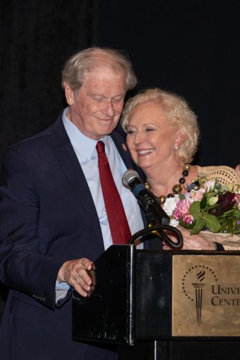 President John Thrasher and FSU First Lady Jean Thrasher thank guests attending a celebration of their legacy at the University Center Club June 16, 2021. (FSU Photography Services)