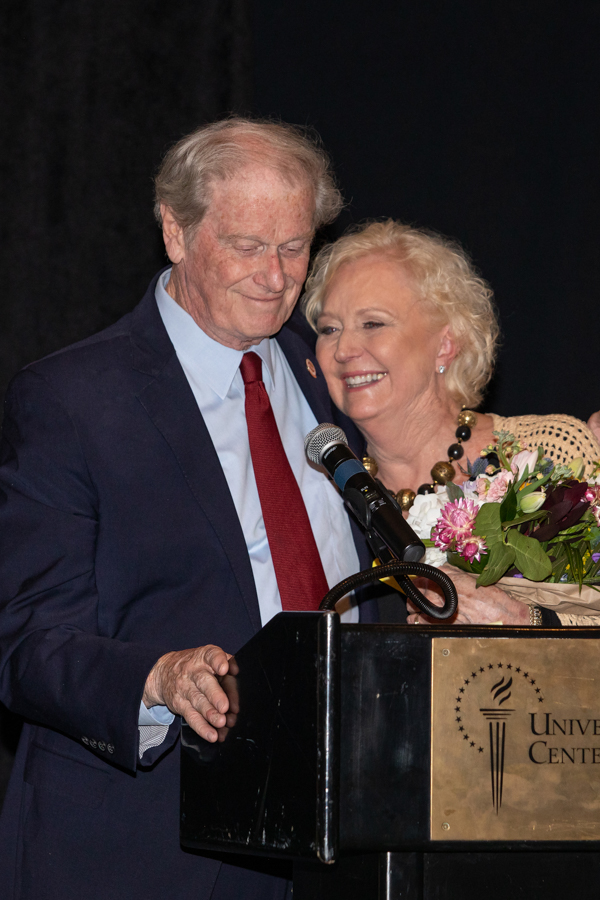 President John Thrasher and FSU First Lady Jean Thrasher thank guests attending a celebration of their legacy at the University Center Club June 16, 2021. (FSU Photography Services)
