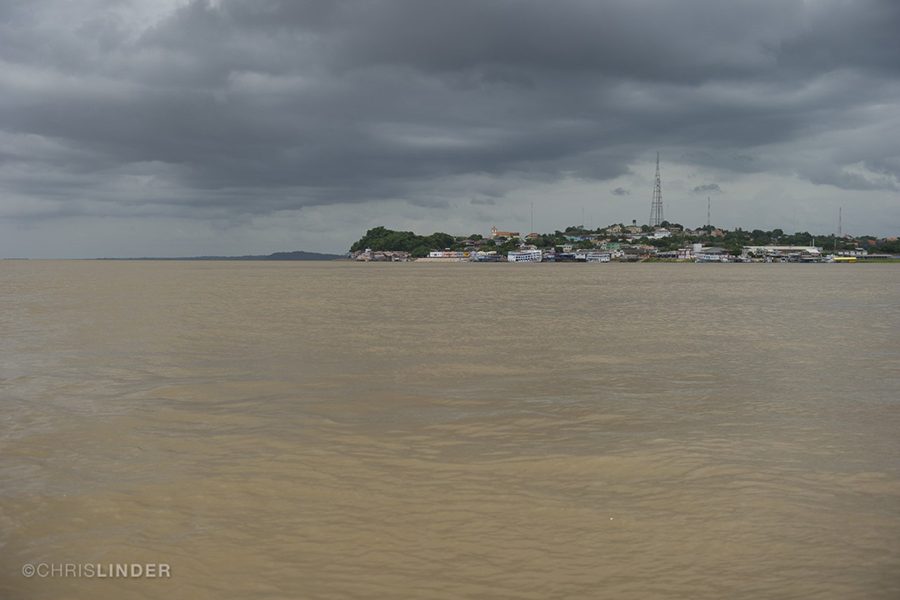The Amazon River at Óbidos, Brazil. Researchers examined data taken at this city near the mouth of the river to investigate how La Niña events affect the amount of carbon exported from the river. (Photo by Chris Linder)