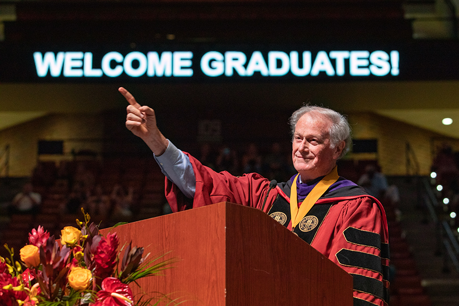 President John Thrasher welcomes graduates and guests to the summer commencement ceremony Friday, July 30, 2021, at the Donald L. Tucker Civic Center. (FSU Photography Services)