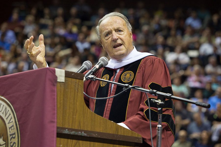 Coach Bobby Bowden delivers the commencement address to FSU graduates during a ceremony May 3, 2014, at the Donald L. Tucker Civic Center. The university also conferred an Honorary Doctor of Humane Letters degree to Bowden during the ceremony. (FSU Photography Services)