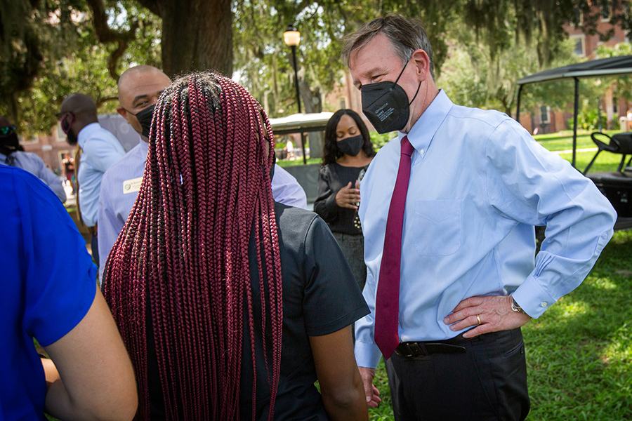 FSU President Richard McCullough greets students on Landis Green for the first day of fall semester Aug. 23, 2021 (FSU Photography Services).