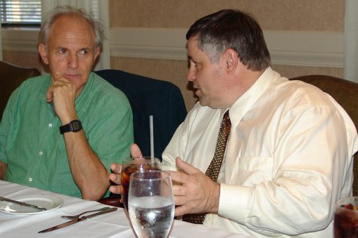 Dean Larry Dennis (R) chats with renowned chemist Sir Harold "Harry" Kroto (L), a Nobel Laureate who ended his career at FSU.