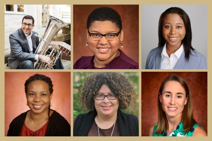 FSU's 2021-2022 McKnight Junior Faculty Fellows. Top row, left to right: Justin Benavidez, Arienne Ferchaud, Mackenzie Alston. Bottom row, left to right: Tisha Joseph Holmes, Laura Reid Marks, Jennifer Steiner.