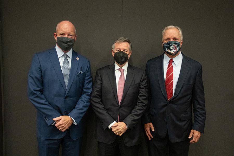 Newly elected BOT chair Peter Collins, President Richard McCullough and outgoing BOT chair Ed Burr at the Board of Trustees meeting Friday, Aug. 27, 2021. (FSU Photography Services)