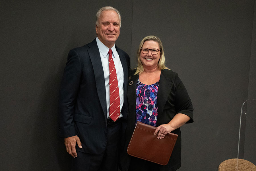 Ed Burr and FSU Alumni Association President Julie Decker at the FSU Board of Trustees meeting Friday, Aug. 27, 2021. (FSU Photography Services)