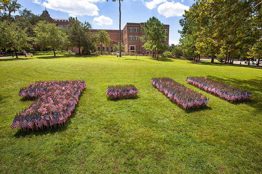 Organized by the Collegiate Veterans Association and Veterans Student Union, the annual flag display on Mina Jo Powell Green honors the 2,977 lives lost 20 years ago on Sept. 11.