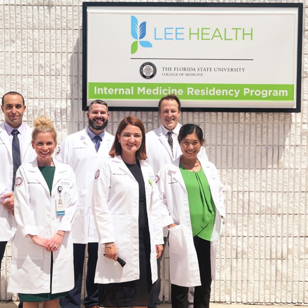 Physician faculty members in the FSU College of Medicine Internal Medicine Residency Program at Cape Coral Hospital/Lee Health. Front row, left to right, Dr. Madeline Deutsch, Dr. Maja Delibasic, Dr. Hannah James. Back row, left to right, Dr. Nabil Benhayoun, Dr. Dustin Begosh-Mayne, Dr. Jordan Taillon. (Florida State University)