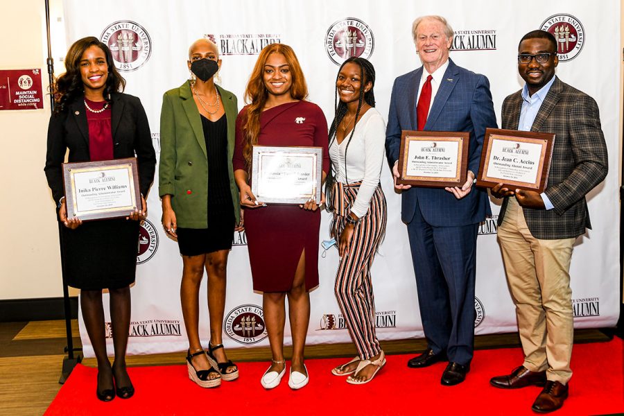 2021 FSU National Black Alumni honorees (from left): Inika Williams, Beza Alford, Nastassia Janvier, Aaliyah Fuller, former FSU President John Thrasher, Jean Accius. (Photo by Leroy Peck)