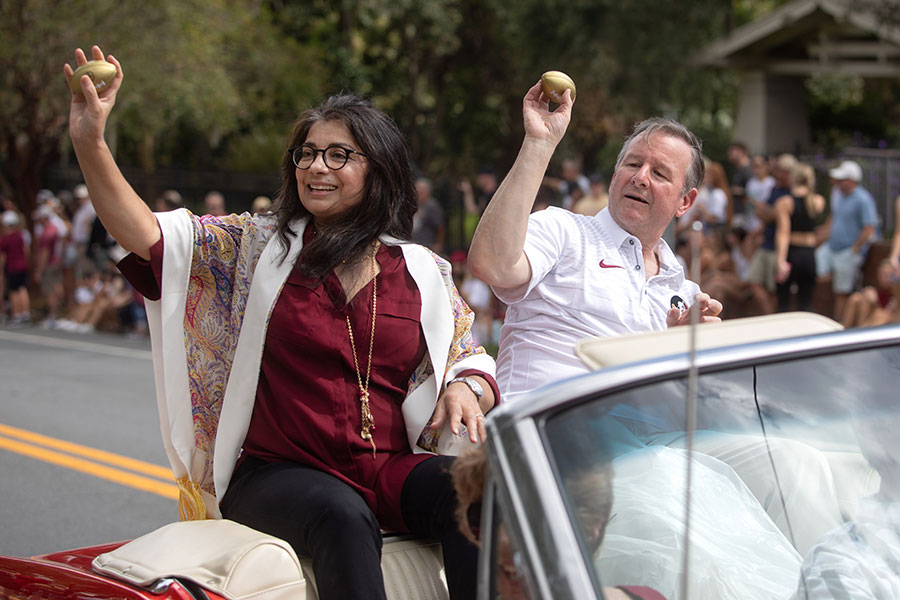 President Richard McCullough and FSU First Lady Jai Vartikar ride in the FSU Homecoming Parade, Oct. 22, 2021. They served as grand marshals of the parade. (FSU Photography Services)