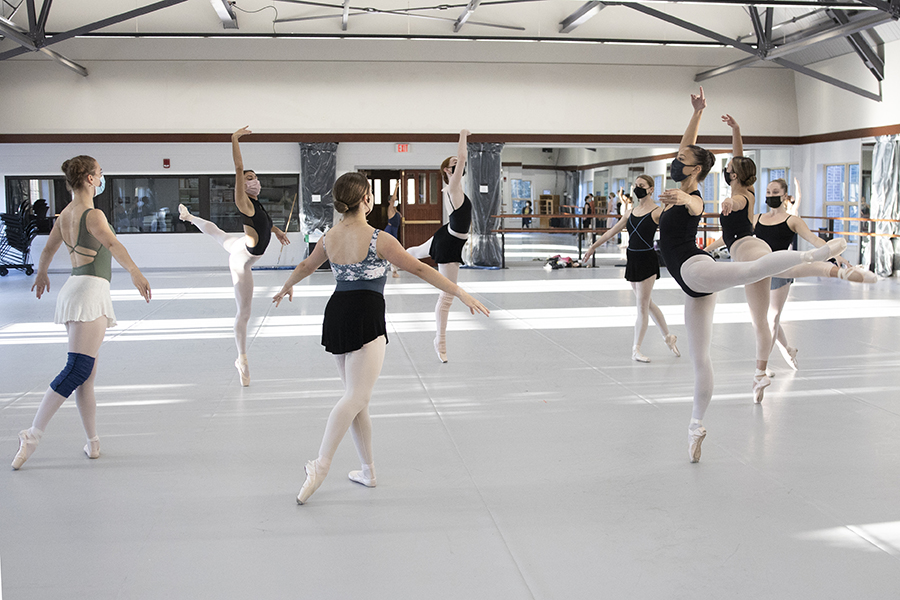Cast of Suzanne Farrell's restaging of George Balanchine's "Divertimento No. 15" rehearse for the upcoming Evening of Dance performance. Photo by Meagan Helman.