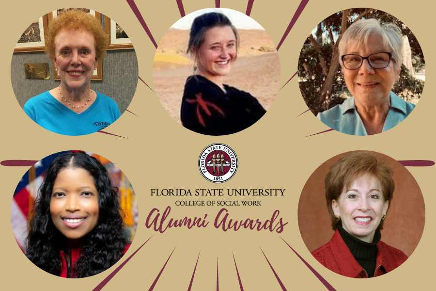Photo caption: FSU College of Social Work 2021 Alumni Award Winners including photos of Joy Jinks, Jessica Harbour, Pamela Brooks, Pam MacDill and Shevaun Haris