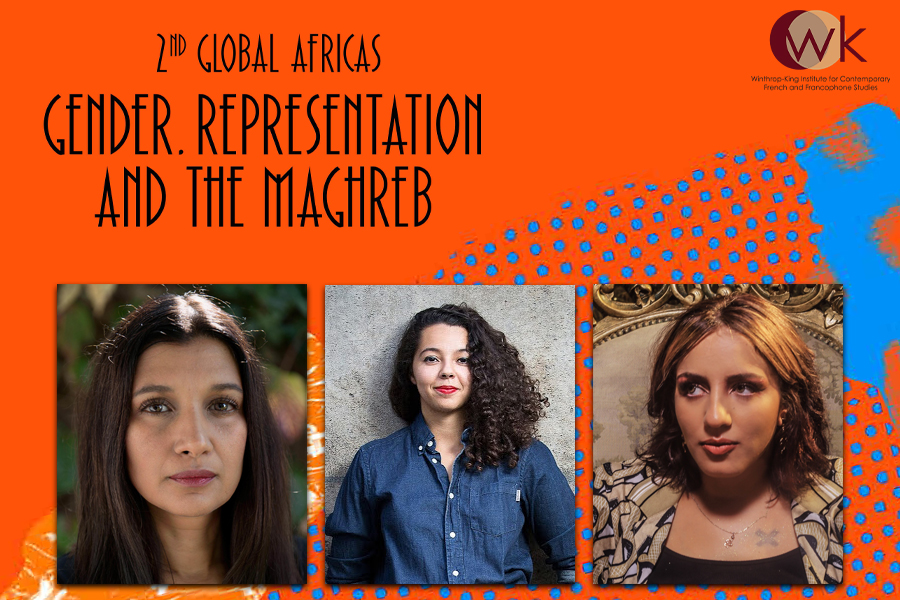 Tunisian filmmaker Raja Amari; Moroccan artist Merieme Mesfioui; and Houda Abouz, also known as Moroccan rapper Khtek will speak at “Gender, Representation and the Maghreb.” Photos courtesy the artists, and graphic elements courtesy Merieme Mesfioui.