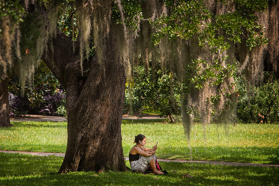 A Florida State University student enjoys the shade under a beautiful live oak tree during a hot summer day Aug. 23, 2021. (FSU Photography Services)