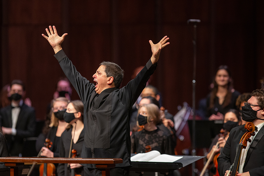 Professor of Conducting Alexander Jiménez conducts FSU's University Symphony Orchestra with Choirs in their rendition of Mahler Symphony No. 2 (Resurrection) at Ruby Diamond Concert Hall on Oct. 9, 2021. (FSU Photography Services)