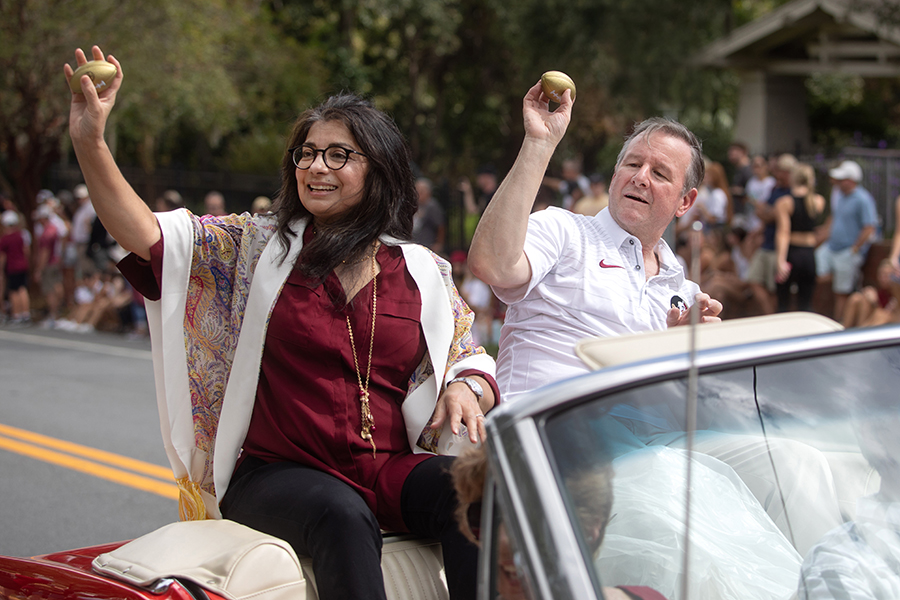 FSU First Lady Jai Vartikar and President Richard McCullough ride in their first Homecoming Parade Oct. 22, 2021. (FSU Photography Services) 2021