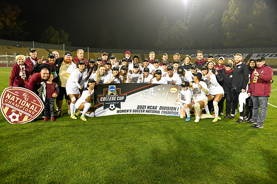FSU won the program's third national championship, topping Brigham Young University 4-3 in a penalty kick shootout at the College Cup in Santa Clara. The Seminoles also won NCAA titles in 2014 and 2018. Photo courtesy of Larry Novey.
