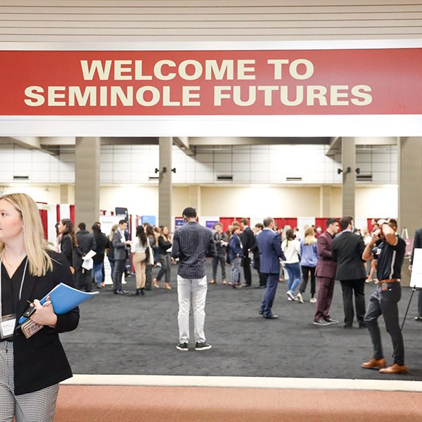 FSU students gather in-person at the Donald L. Tucker Civic Center for Seminole Futures, a career fair and an opportunity to network and speak with future employers from a variety of industries. (Photo courtesy of University Communications, Christian Pruitt)