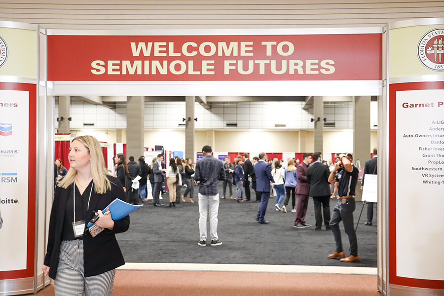 FSU students gather in-person at the Donald L. Tucker Civic Center for Seminole Futures, a career fair and an opportunity to network and speak with future employers from a variety of industries. (Photo courtesy of University Communications, Christian Pruitt)