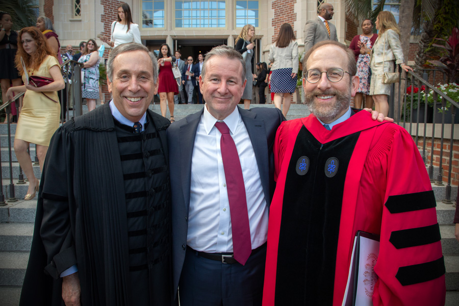 Harvard University President Lawrence S. Bacow, FSU President Richard McCullough and Harvard University Provost Alan M. Garber at the 16th President Investiture Ceremony. (FSU Photography Services)