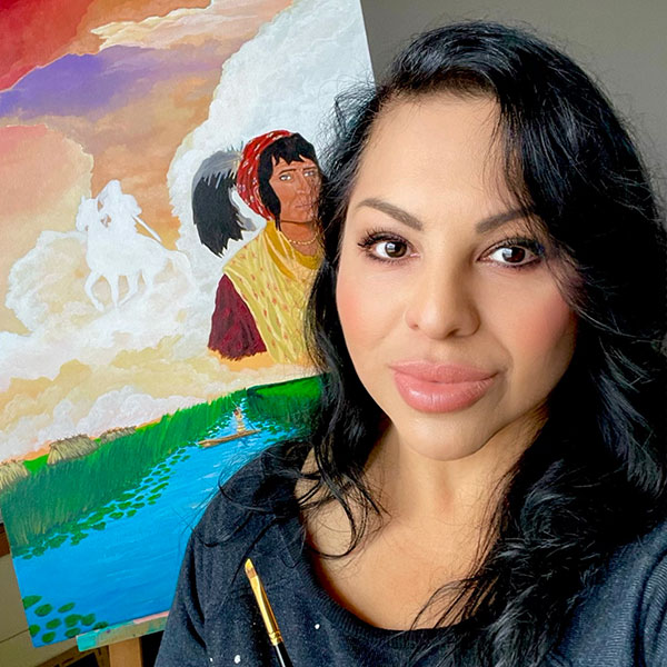 Seminole Tribe of Florida member Erica Deitz, seen here working on the acrylic painting that will adorn a 24-foot-high by 16-foot-wide area in the new FSU Student Union. (Photo courtesy of Erica Deitz)