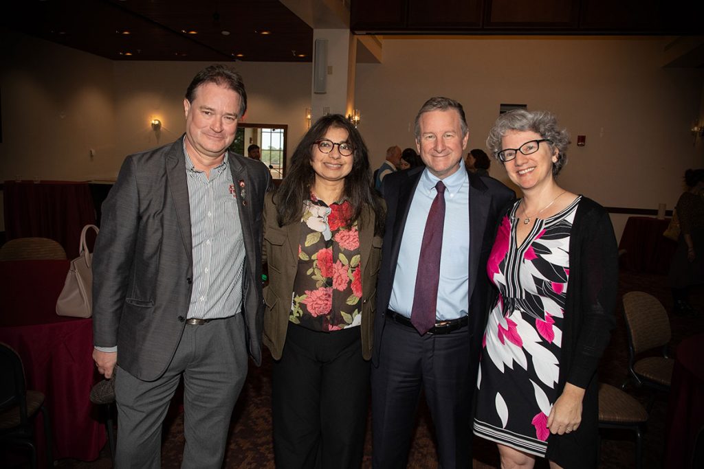 From left: Mark Riley, dean of the Graduate School and incoming interim vice president for Research; FSU First Lady Jai Vartikar; President Richard McCullough; and Laurel Fulkerson, outgoing interim vice president for Research during a March 24 reception to celebrate Fulkerson's retirement. (FSU Photography Services)