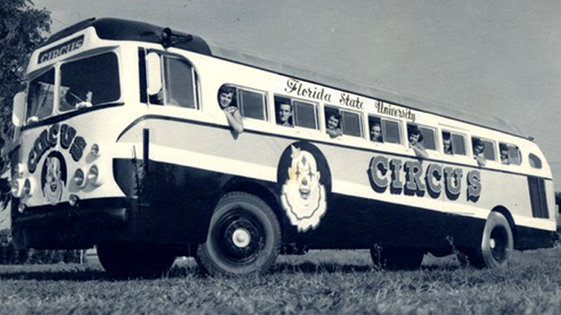 Circus performers on the Florida State University circus bus, circa 1952-1957.  (FSU Special Collections and Archives)