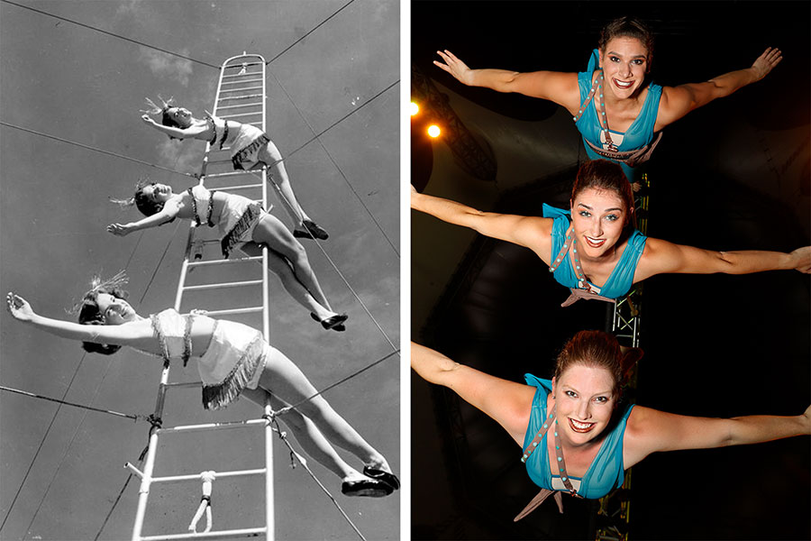 Then and now: On the right, a triple trapeze group in 1953 (FSU Special Collections & Archives), and on the left, a triple trapeze group in 2019. (FSU Flying High Circus)