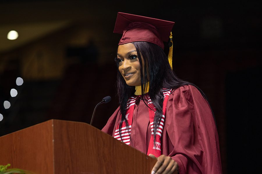 Former FSU Trustee and Student Body President Nastassia “Tazzy” Janvier addresses her fellow graduates during spring commencement Saturday, April 30, 2022. (FSU Photography Services)