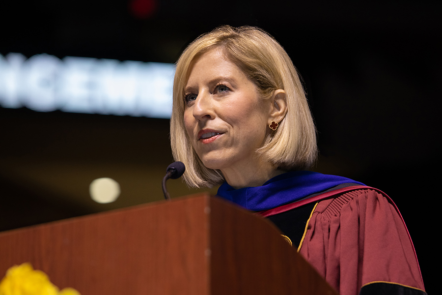 Commencement speaker FSU alumna Angela Riley Santone addresses spring graduates during the morning's ceremony April 30, 2022. (FSU Photography Services)