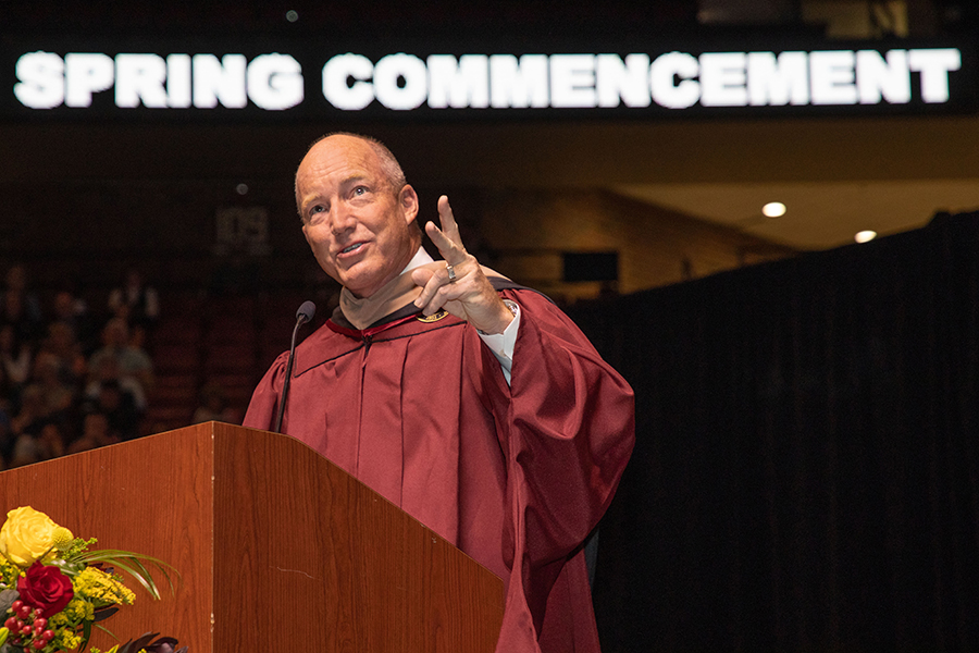 Peter Collins, chair of the FSU Board of Trustees, delivers the commencement address to graduates at the afternoon ceremony Friday, April 29, 2022. (FSU Photography Services)