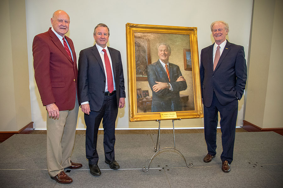 President Emeritus Dale Lick, President Richard McCullough and President Emeritus John Thrasher during the unveiling of Thrasher's portrait April 25, 2022. (FSU Photography Services)