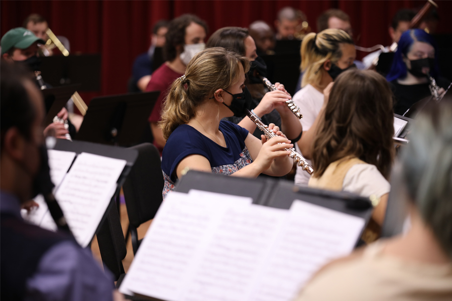 A graduate flute student prepares during rehearsal. (FSU College of Music/Jenna Montes)