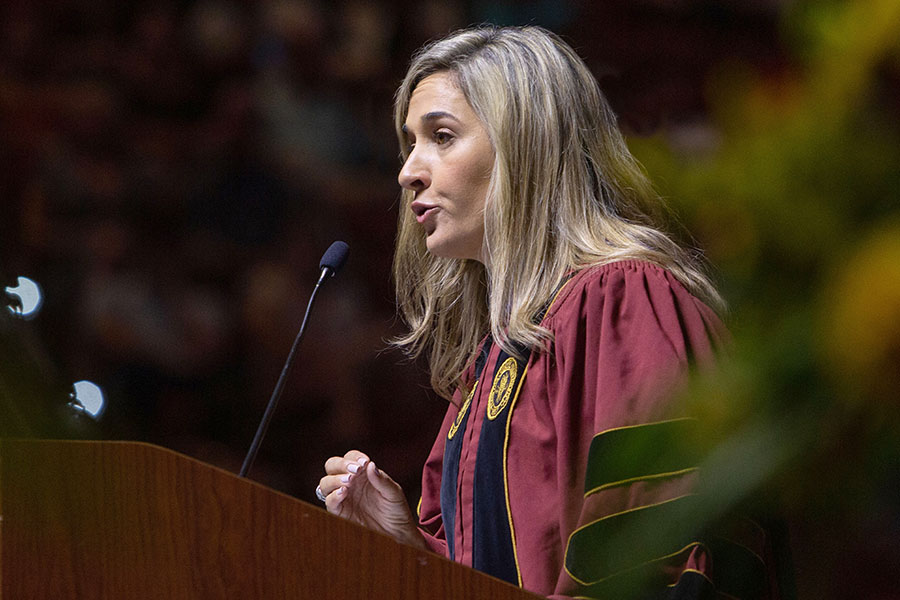 Commencement speaker FSU alumna Vivian de las Cuevas-Diaz addresses spring graduates during the ceremony May 1, 2022. (FSU Photography Services)