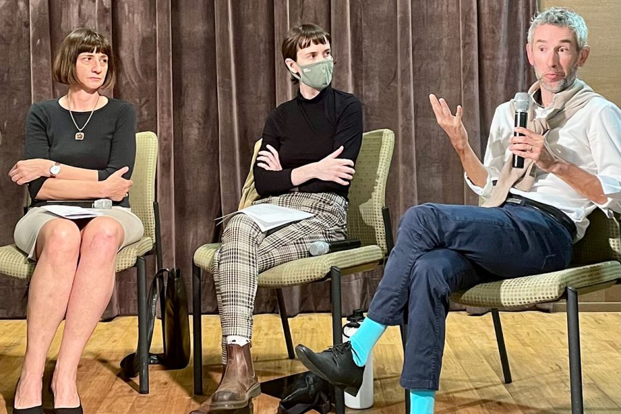 Svitlana Jaroszynski of the School of Communication and Liz Dunne of FSU Libraries listen as Patrick Merle of the School of Communication discusses U.S. media coverage of the war in Ukraine.