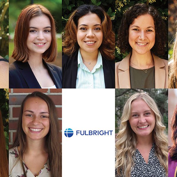 FSU’s 2022 Fulbright Scholars, starting from the top left, moving clockwise: Kinsey Kuhlman, Alexa Scalchunes, Emely Galan, Emily Eubanks, Julia Kershaw, Elaine Melgarejo, Alexandra Artiles, Courtney Whitcher and Abby Rehard.
