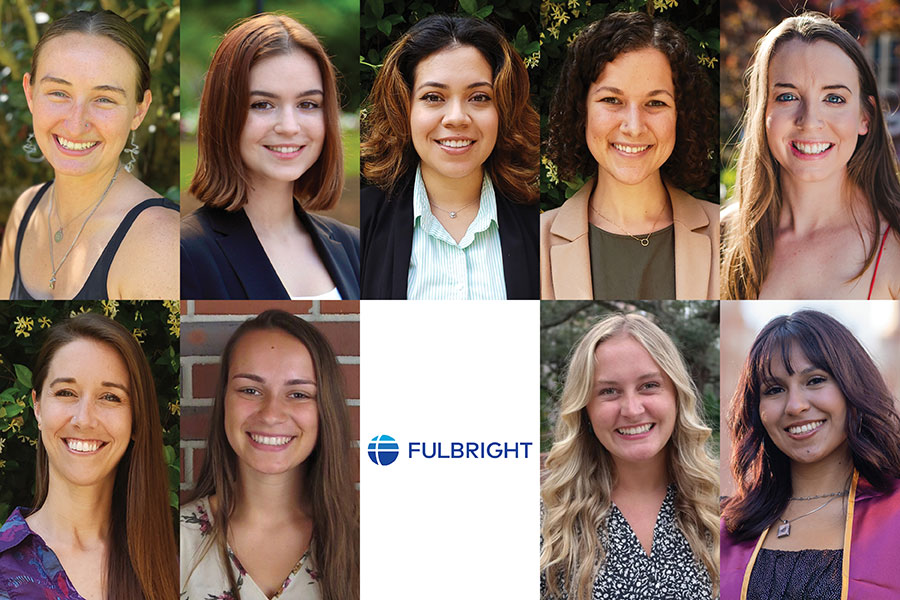 FSU 的 2022 年富布赖特学者，从左上角开始，顺时针方向移动：Kinsey Kuhlman、Alexa Scalchunes、Emely Galan、Emily Eubanks、Julia Kershaw、Elaine Melgarejo、Alexandra Artiles、Courtney Whitcher 和 Abby Rehard。