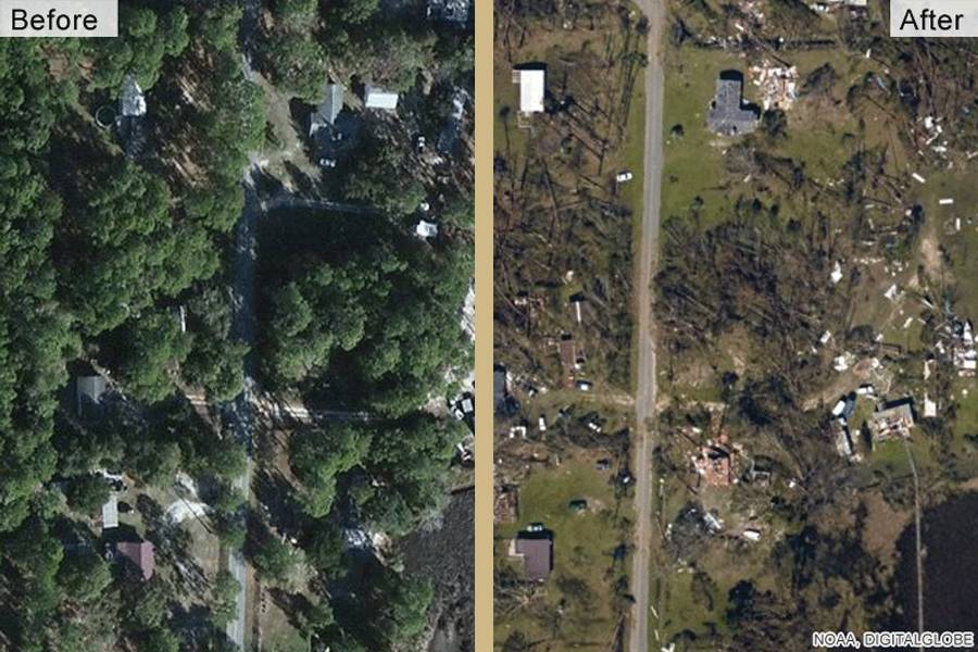 Aerial views in Florida before and after Hurricane Michael. (Courtesy of NOAA)