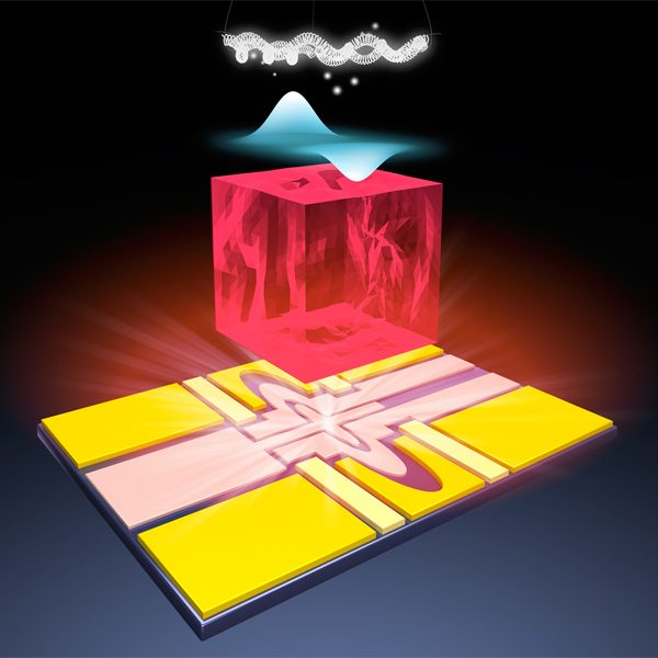 An illustration of the qubit platform made of a single electron on solid neon. Researchers froze neon gas into a solid at very low temperatures, sprayed electrons from a light bulb onto the solid and trapped a single electron there to create a qubit. (Courtesy of Dafei Jin/Argonne National Laboratory)