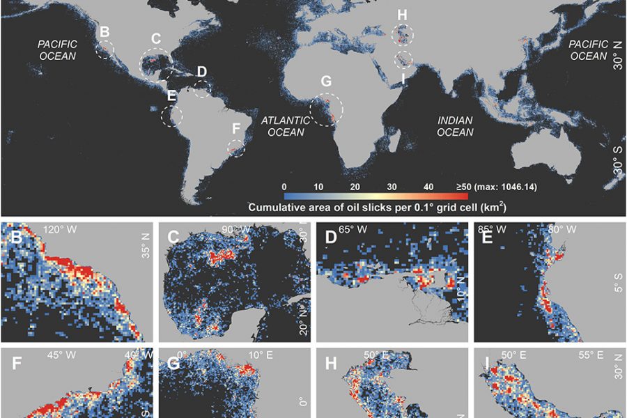 A map showing where researchers observed oil slicks from 2014 to 2019 across the globe. (Ian MacDonald/Florida State University)
