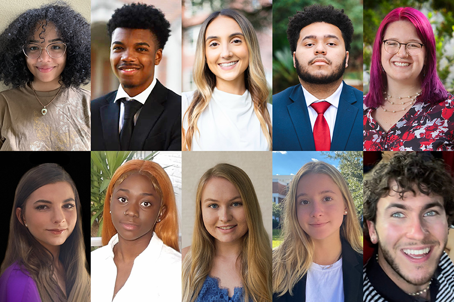 Florida State University's spring 2021-22 recipients of the Benjamin A. Gilman International Scholarship Program. Clockwise starting in the top left: Amaya Dickson, Reynaldo Denaud, Sophia DeLapp, Gustavo Ayala, Hannah Fulk, Daniel Vila, Kamila Rosello, Samantha Salisbury, Deanna Bernard and Madison O’Stewart. Not pictured: Yasmeen Julemiste.