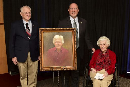 College of Business Dean Michael Hartline, center, joins Persis and Charles Rockwood at a 2019 event to celebrate the naming of the Persis E. Rockwood Undergraduate Programs Suite in Legacy Hall, the college’s future home. Persis Rockwood was a trailblazing FSU professor who died in May 2021 at age 97.