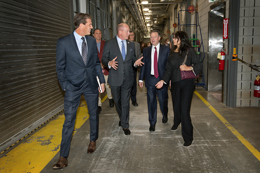FSU President Richard McCullough and First Lady First Lady Jai Vartikar tour the The National High Magnetic Field Laboratory with trustees Drew Weatherford and Peter Collins, chair of the Board of Trustees, on Nov. 12, 2021. (FSU Photography Services)