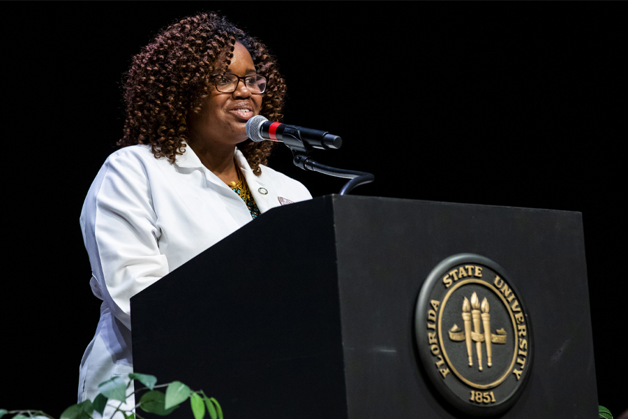 Dr. Shermeeka Hogans-Mathews speaks during the 2019 Florida State University College of Medicine White Coat Ceremony. (FSU College of Medicine/Colin Hackley)