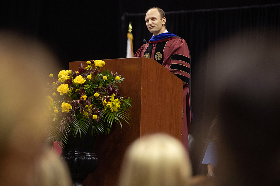 Dean of Undergraduate Studies Joe O'Shea speaks at New Student Convocation on Aug. 21, 2022, at the Donald L. Tucker Civic Center. (FSU Photography Services)