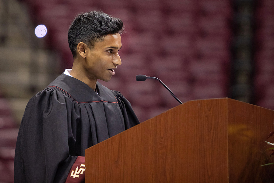 Student Body President Nimna Gabadage speaks at New Student Convocation on Aug. 21, 2022, at the Donald L. Tucker Civic Center. (FSU Photography Services)