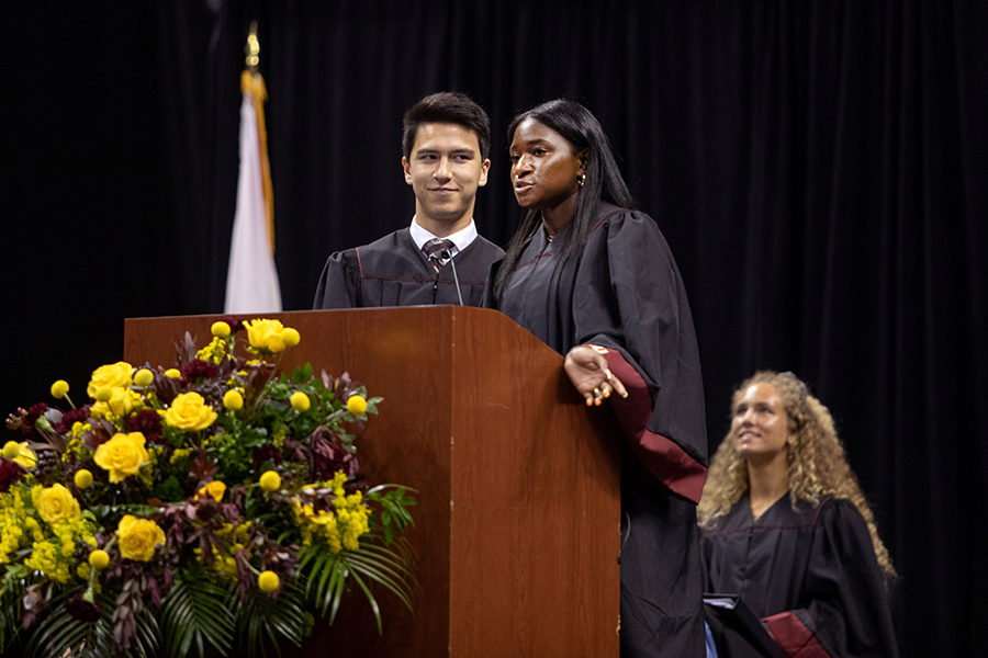 Students Alex Chang and Abril Hunter address their peers at New Student Convocation on Aug. 21, 2022, at the Donald L. Tucker Civic Center. (FSU Photography Services)